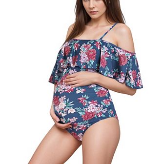 Women's Off-Shoulder Maternity Swimsuit with Adjustable Straps and Ruched Belly Support