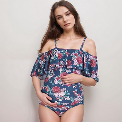 Women's Off-Shoulder Maternity Swimsuit with Adjustable Straps and Ruched Belly Support