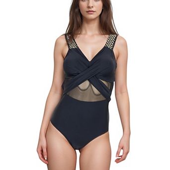 Women's One Piece Swimsuit with Mesh Midsection Crisscross Front and Braided Detail Straps
