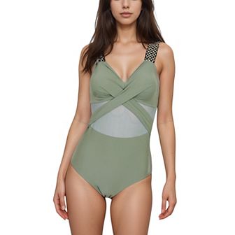 Women's One Piece Swimsuit with Mesh Midsection Crisscross Front and Braided Detail Straps