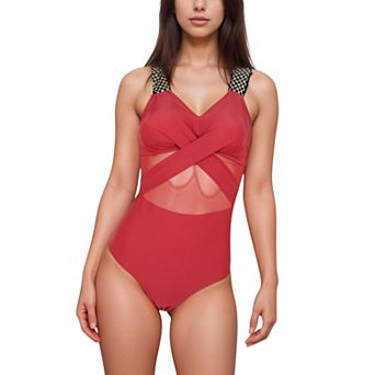 Women's One Piece Swimsuit with Mesh Midsection Crisscross Front and Braided Detail Straps