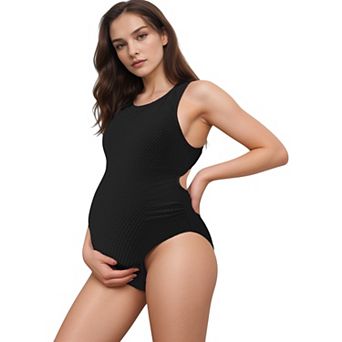 Women's Maternity Ribbed One-Piece Swimsuit with Scoop Neck and Side Cutout Detail