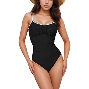 Women's One Piece Swimsuit with Scallop Trim Straps and Shirred Bust Detail