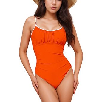 Women's One Piece Swimsuit with Scallop Trim Straps and Shirred Bust Detail