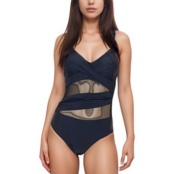 Women's Mesh Panel One Piece Swimsuit with Crossover Bust Detail Gold Ring Straps