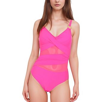 Women's Mesh Panel One Piece Swimsuit with Crossover Bust Detail Gold Ring Straps