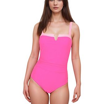 Women's One Piece Swimsuit with White Trim Square Neckline and Ruched Waist Detail