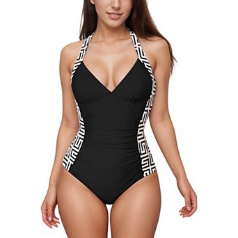 Women's One Piece Halter Swimsuit with Geometric Side Panels and Ruched Waist Design