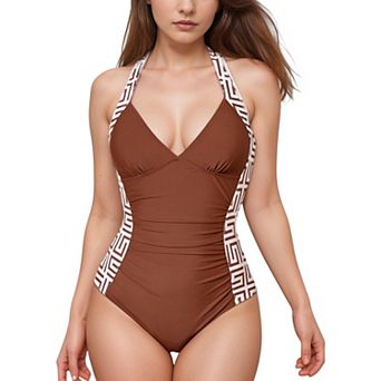 Women's One Piece Halter Swimsuit with Geometric Side Panels and Ruched Waist Design