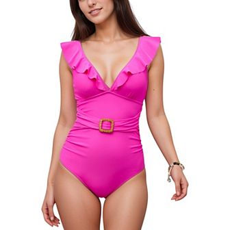 Women's Ruffle Trim One Piece Swimsuit with Deep V Neckline and Decorative Belt Detail