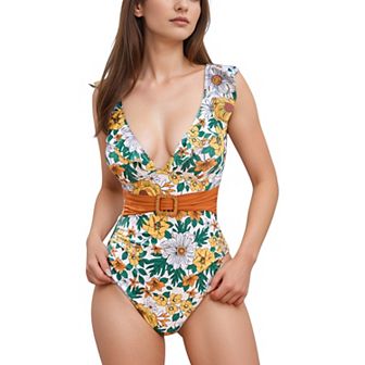 Women's Ruffle Trim One Piece Swimsuit with Deep V Neckline and Decorative Belt Detail