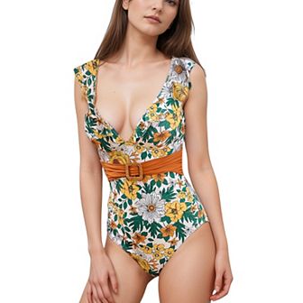 Women's One Piece Swimsuit with Floral Print Ruffle Straps Belted Waist and Deep V Neckline