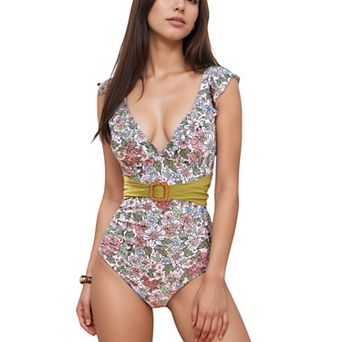 Women's One Piece Swimsuit with Floral Print Ruffle Straps Belted Waist and Deep V Neckline
