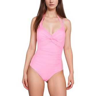 Women's Twist Front One Piece Swimsuit with Halter Neckline and Ruched Tummy Control Detail