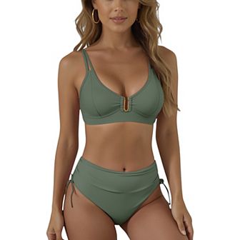 Women's High Waist Bikini Set with Ruched Sides and Gold Hardware Accent Top