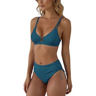 Women's High Waist Bikini Set with Ruched Sides and Gold Hardware Accent Top