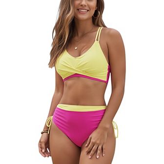 Women's Two-Tone Bikini Set with Double Strap Top and High Waist Ruched Bottom with Side Tie Detail