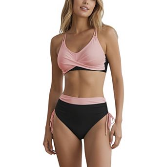 Women's Two-Tone Bikini Set with Double Strap Top and High Waist Ruched Bottom with Side Tie Detail