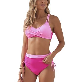 Women's Two-Tone Bikini Set with Double Strap Top and High Waist Ruched Bottom with Side Tie Detail