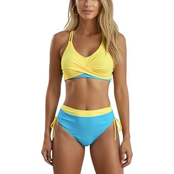 Women's Two-Tone Bikini Set with Double Strap Top and High Waist Ruched Bottom with Side Tie Detail