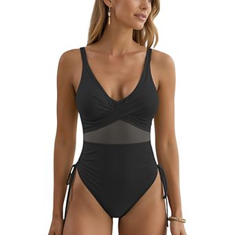 Women's Mesh Panel One Piece Swimsuit with Crisscross Bust Detail and Adjustable Side Tie Accents