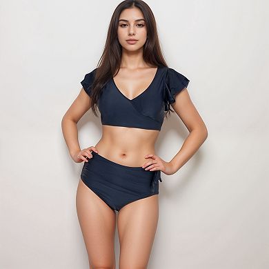 Women's Two Piece Bikini Set with Flutter Sleeve Top and High Waist Ruched Bottoms
