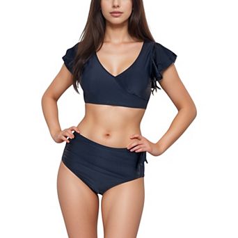 Women's Two Piece Bikini Set with Flutter Sleeve Top and High Waist Ruched Bottoms