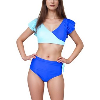 Women's Two Piece Bikini Set with Flutter Sleeve Top and High Waist Ruched Bottoms