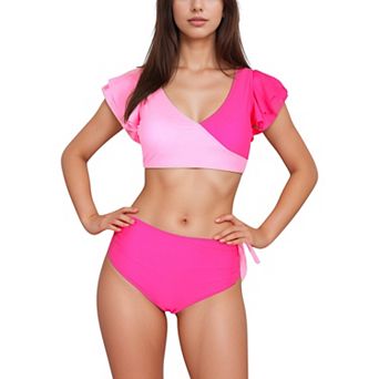 Women's Two Piece Bikini Set with Flutter Sleeve Top and High Waist Ruched Bottoms