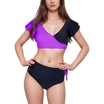 Women's Two Piece Bikini Set with Flutter Sleeve Top and High Waist Ruched Bottoms