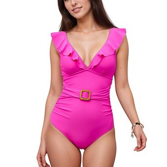 Women's Ruffle Shoulder One Piece Swimsuit with Plunging Neckline and Waist Belt Detail