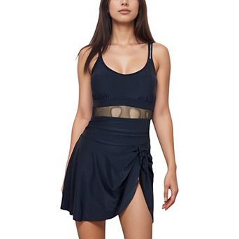 Women's Mesh Panel One Piece Swimsuit with Adjustable Spaghetti Straps and Side Tie Swim Skirt