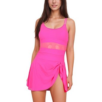 Women's Mesh Panel One Piece Swimsuit with Adjustable Spaghetti Straps and Side Tie Swim Skirt