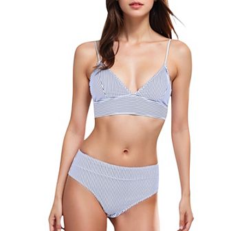 Women's High-Waisted Bikini Set with Striped Print and Triangle Top