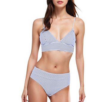 Women's High-Waisted Bikini Set with Striped Print and Triangle Top
