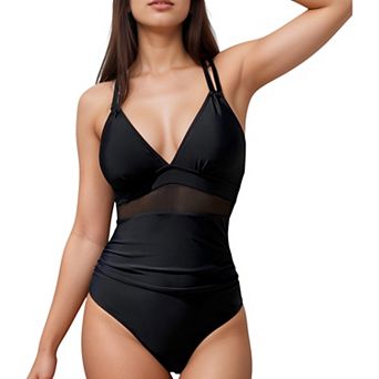 Women's Mesh Panel One Piece Swimsuit with Double Spaghetti Straps and Flattering Ruched Waist