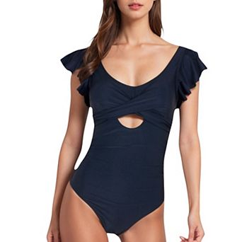 Women's Ruffled Sleeve One-Piece Swimsuit with Twist Front and Cutout Detail