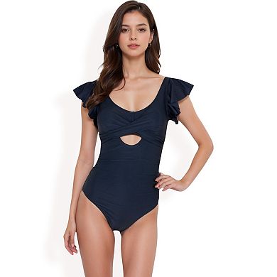 Women's Ruffled Sleeve One-Piece Swimsuit with Twist Front and Cutout Detail