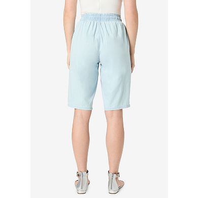 Roaman's Women's Plus Size Embroidered Chambray Bermuda Shorts