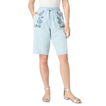 Roaman's Women's Plus Size Embroidered Chambray Bermuda Shorts