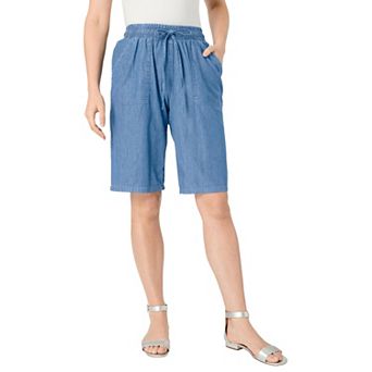 Roaman's Women's Plus Size Embroidered Chambray Bermuda Shorts