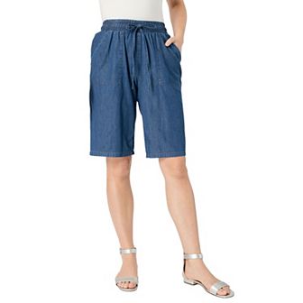Roaman's Women's Plus Size Embroidered Chambray Bermuda Shorts