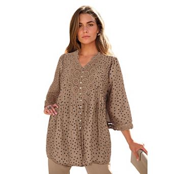 Roaman's Women's Plus Size Juliet Lace Trim Button-Down Shirt