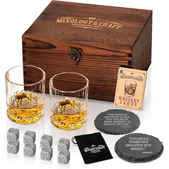 Mixology & Craft Whiskey Set: 2 Glasses, 8 Stones, Coasters & Cards