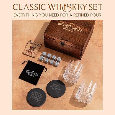 Mixology & Craft Whiskey Set: 2 Glasses, 8 Stones, Coasters & Cards
