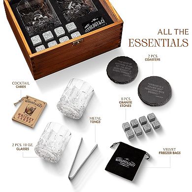 Mixology & Craft Whiskey Set: 2 Glasses, 8 Stones, Coasters & Cards