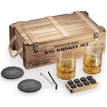 Whiskey Glass & Stones Gift Set with Wooden Army Crate 8 Granite Rocks, Gift for Men & Dad