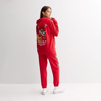 Juniors' Disney's Mickey Mouse Holiday Joggers with Drawstring & Graphic Print