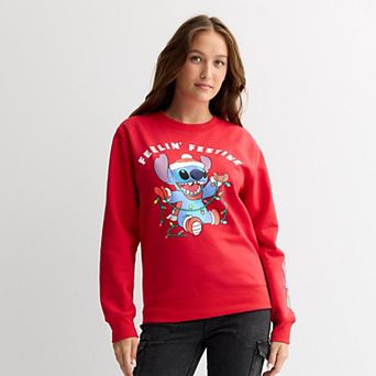 Juniors' Disney Stitch Graphic Long Sleeve Holiday Pullover