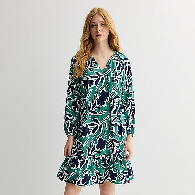 Women's Sonoma Goods For Life Smocked V-Neck Long Sleeve Dress, Size: Medium, Green Big Floral